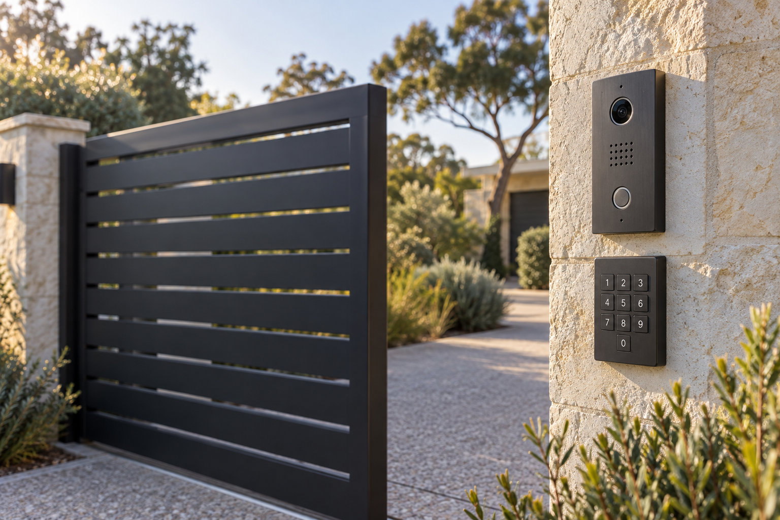 Illustration of a gate intercom and keypad on a limestone pillar