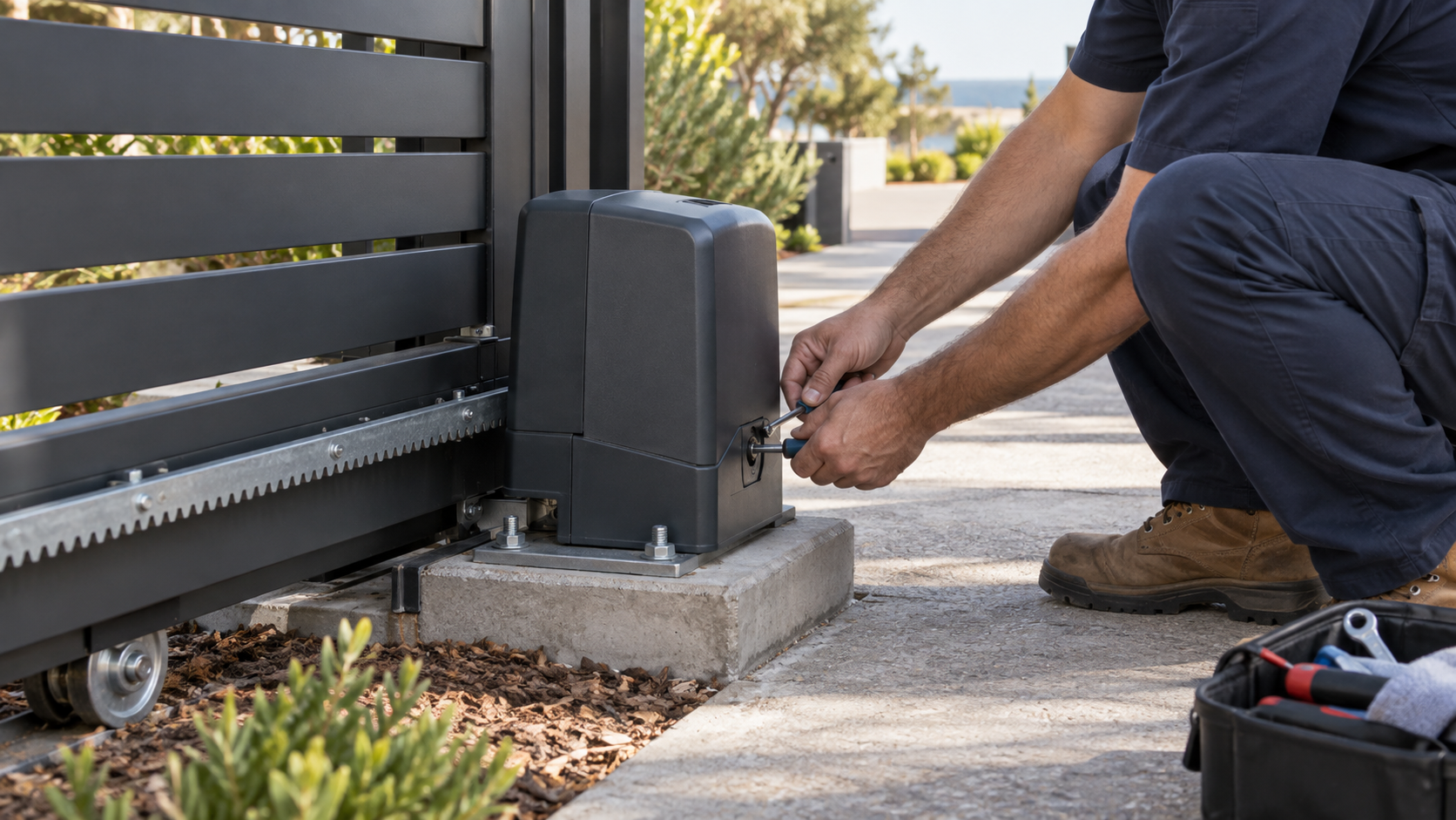 Illustrative technician servicing an automatic sliding gate motor